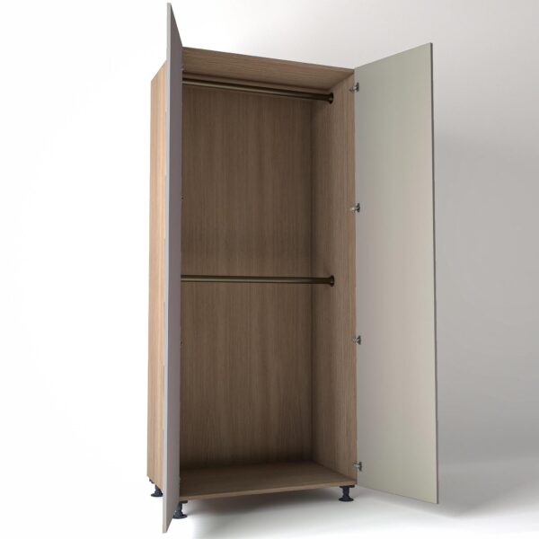 Freestanding open Wardrobe Unit by On-Trend Wardrobes in mid Oak carcass Finish, 2 x hanging rails and grey painted doors in a white studio setting
