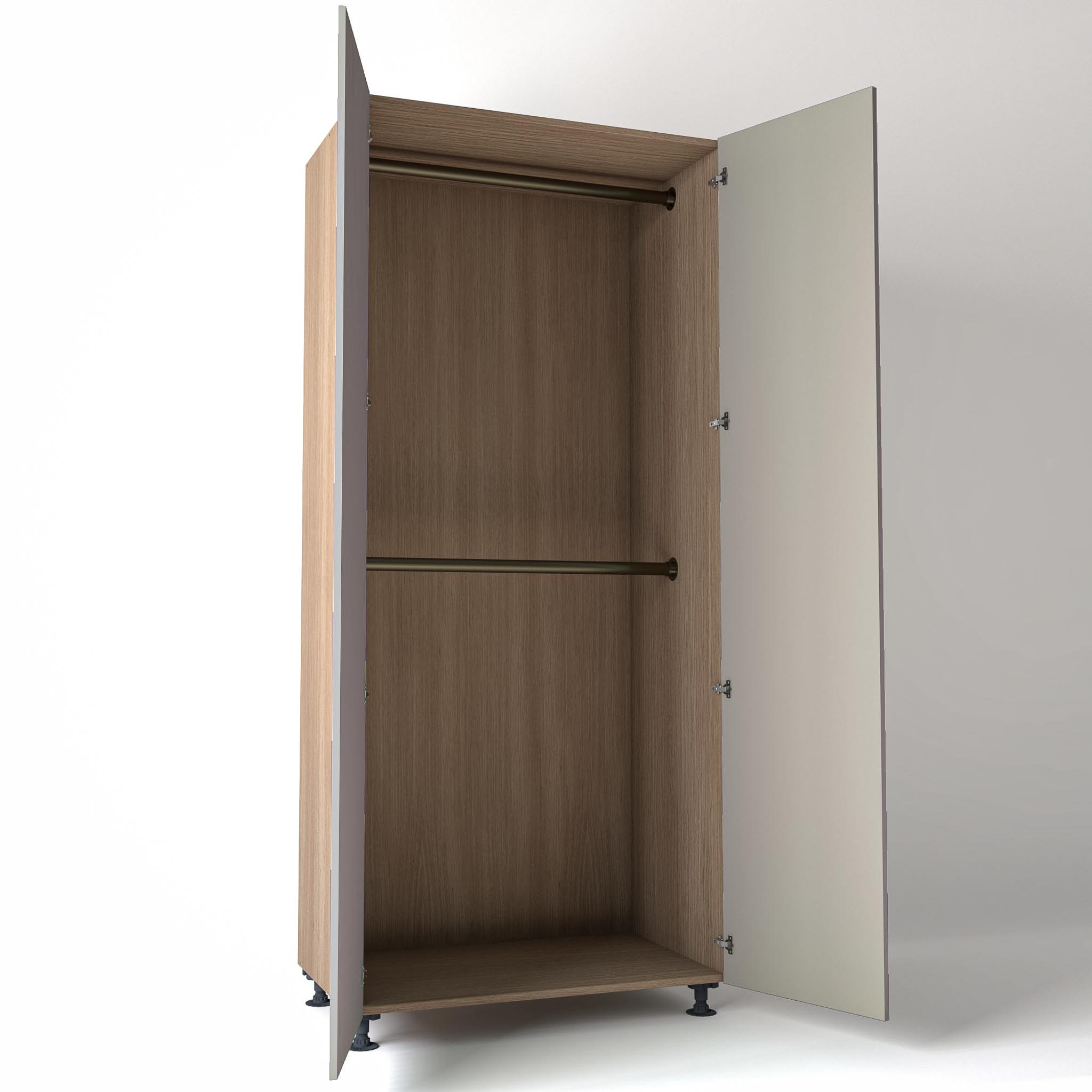Freestanding open Wardrobe Unit by On-Trend Wardrobes in mid Oak carcass Finish, 2 x hanging rails and grey painted doors in a white studio setting