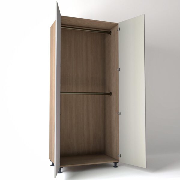 Freestanding open Wardrobe Unit by On-Trend Wardrobes in mid Oak carcass Finish, 2 x hanging rails and light grey painted doors in a white studio setting