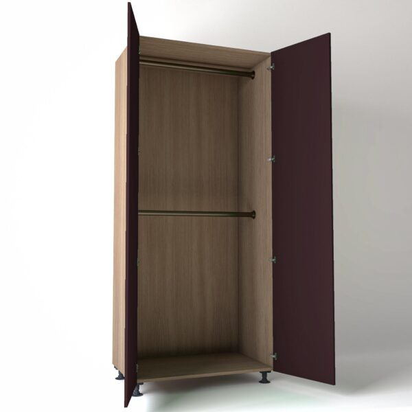 Freestanding open Wardrobe Unit by On-Trend Wardrobes in mid Oak carcass Finish, 2 x hanging rails and wine painted doors in a white studio setting