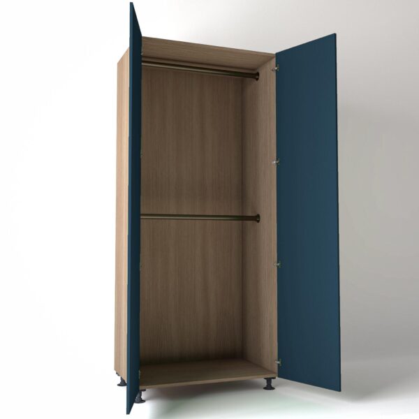 Freestanding open Wardrobe Unit by On-Trend Wardrobes in mid Oak carcass Finish, 2 x hanging rails and blue painted doors in a white studio setting