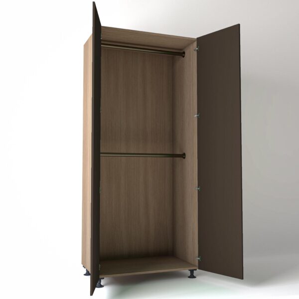 Freestanding open Wardrobe Unit by On-Trend Wardrobes in mid Oak carcass Finish, 2 x hanging rails and clay painted doors in a white studio setting