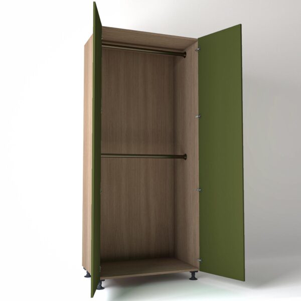 Freestanding open Wardrobe Unit by On-Trend Wardrobes in mid Oak carcass Finish, 2 x hanging rails and olive painted doors in a white studio setting