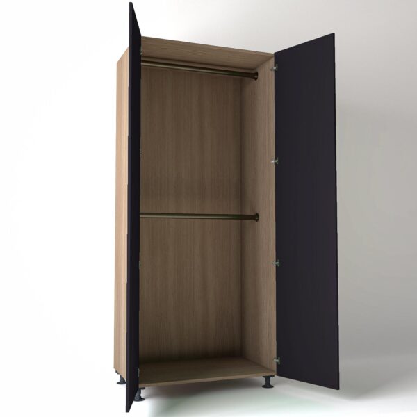 Freestanding open Wardrobe Unit by On-Trend Wardrobes in mid Oak carcass Finish, 2 x hanging rails and plum painted doors in a white studio setting