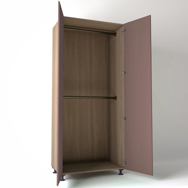 Freestanding open Wardrobe Unit by On-Trend Wardrobes in mid Oak carcass Finish, 2 x hanging rails and blush pink painted doors in a white studio setting