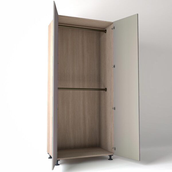 Freestanding open Wardrobe Unit by On-Trend Wardrobes in light Oak carcass Finish, 2 x hanging rails and grey painted doors in a white studio setting