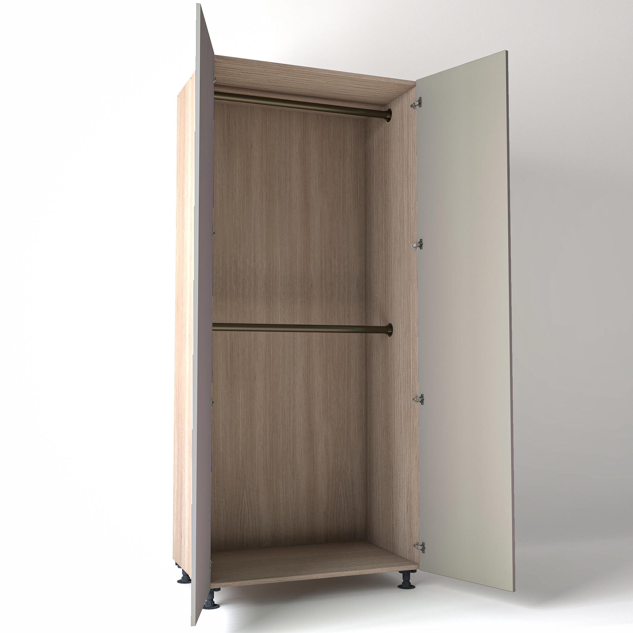 Freestanding open Wardrobe Unit by On-Trend Wardrobes in light Oak carcass Finish, 2 x hanging rails and grey painted doors in a white studio setting
