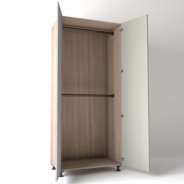 Freestanding open Wardrobe Unit by On-Trend Wardrobes in light Oak carcass Finish, 2 x hanging rails and light grey painted doors in a white studio setting