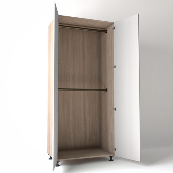 Freestanding open Wardrobe Unit by On-Trend Wardrobes in light Oak carcass Finish, 2 x hanging rails and white painted doors in a white studio setting