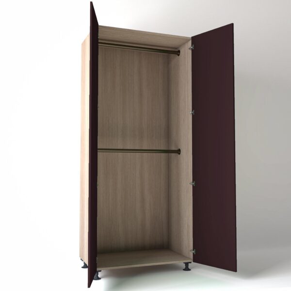 Freestanding open Wardrobe Unit by On-Trend Wardrobes in light Oak carcass Finish, 2 x hanging rails and wine painted doors in a white studio setting
