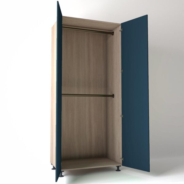 Freestanding open Wardrobe Unit by On-Trend Wardrobes in light Oak carcass Finish, 2 x hanging rails and blue painted doors in a white studio setting