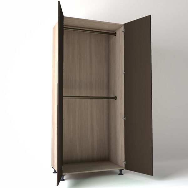Freestanding open Wardrobe Unit by On-Trend Wardrobes in light Oak carcass Finish, 2 x hanging rails and clay painted doors in a white studio setting