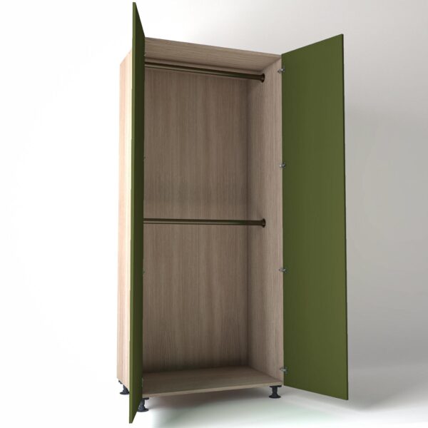 Freestanding open Wardrobe Unit by On-Trend Wardrobes in light Oak carcass Finish, 2 x hanging rails and olive painted doors in a white studio setting