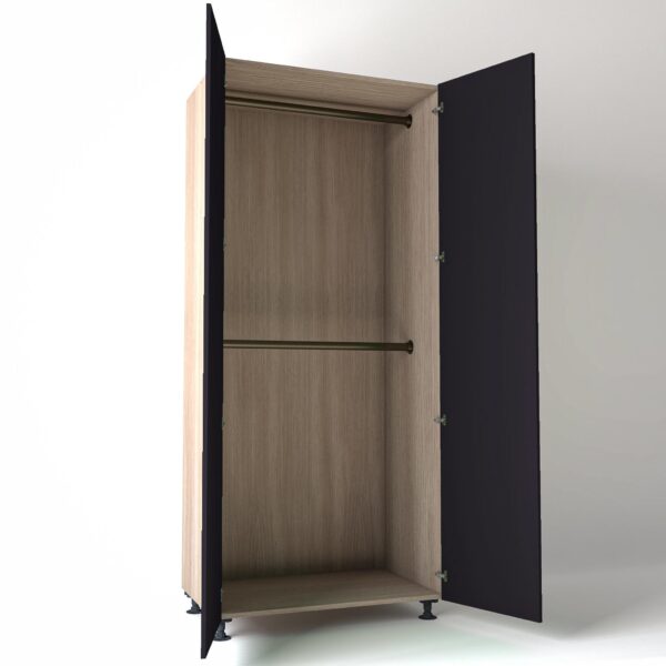Freestanding open Wardrobe Unit by On-Trend Wardrobes in light Oak carcass Finish, 2 x hanging rails and plum painted doors in a white studio setting