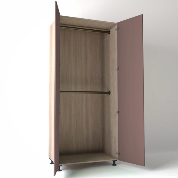 Freestanding open Wardrobe Unit by On-Trend Wardrobes in light Oak carcass Finish, 2 x hanging rails and blush pink painted doors in a white studio setting