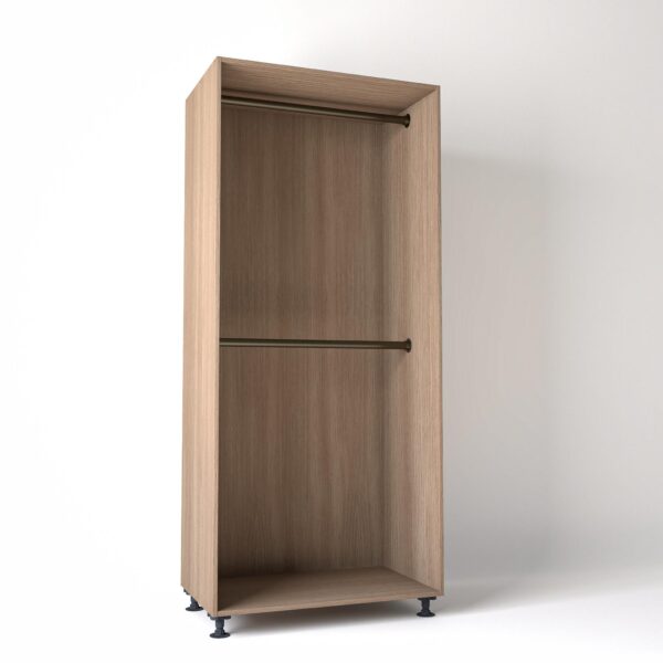 Freestanding open Wardrobe Unit on adjustable feet by On-Trend Wardrobes in mid Oak carcass Finish, 2 x hanging rails in a white studio setting