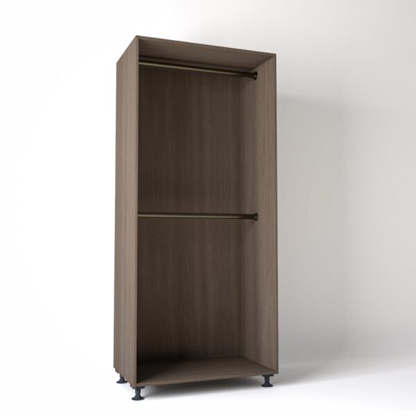 Freestanding open Wardrobe Unit on adjustable feet by On-Trend Wardrobes in grey Oak carcass Finish, 2 x hanging rails in a white studio setting