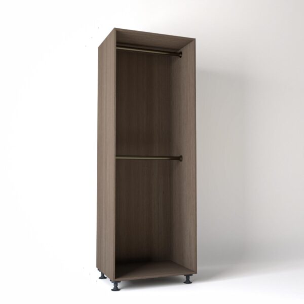 80cm wide Freestanding Grey Oak wardrobe unit on adjustable feet with no doors and 2 bronze hanging rails, in a white studio backdrop