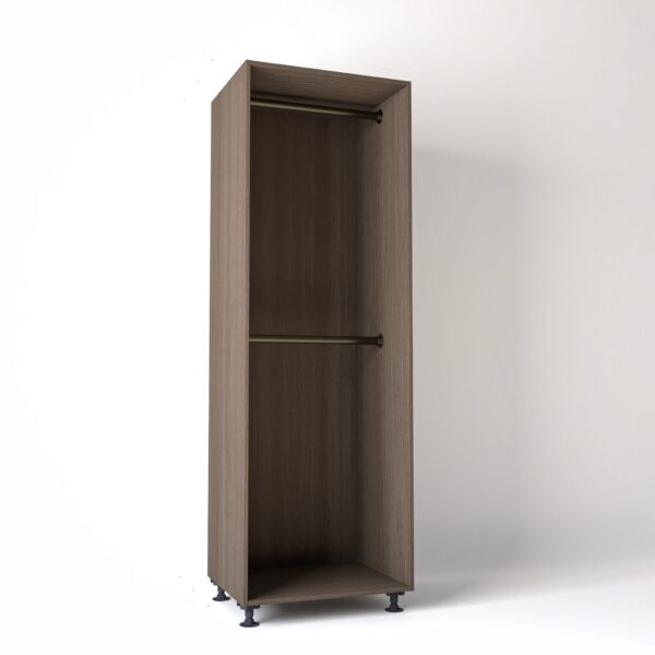75cm wide Freestanding Grey Oak wardrobe unit on adjustable feet with no doors and 2 bronze hanging rails, in a white studio backdrop