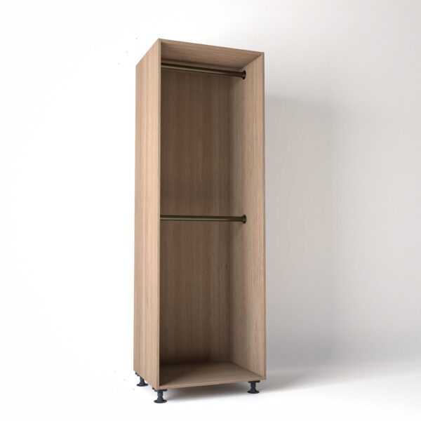 75cm wide Freestanding Mid Oak wardrobe unit on adjustable feet with no doors and 2 bronze hanging rails, in a white studio backdrop