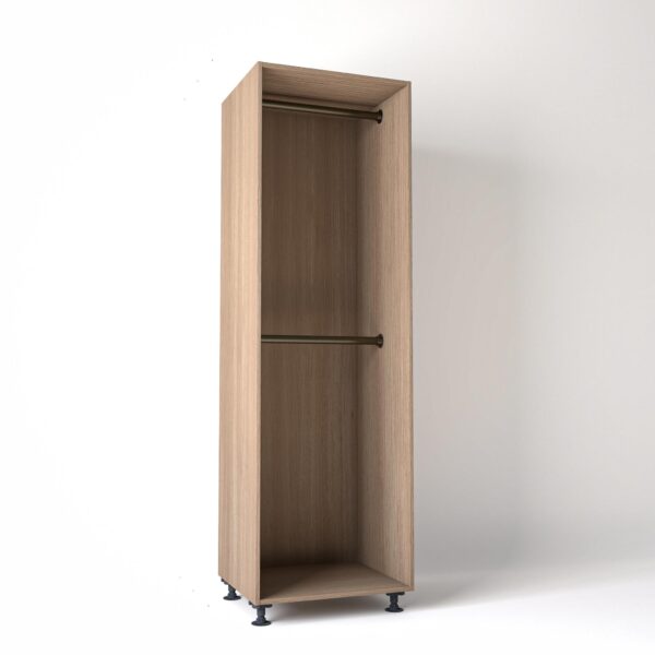 70cm wide Freestanding Mid Oak wardrobe unit on adjustable feet with no doors and 2 bronze hanging rails, in a white studio backdrop