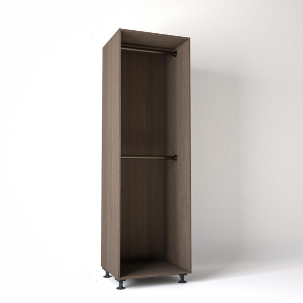 70cm wide Freestanding Grey Oak wardrobe unit on adjustable feet with no doors and 2 bronze hanging rails, in a white studio backdrop
