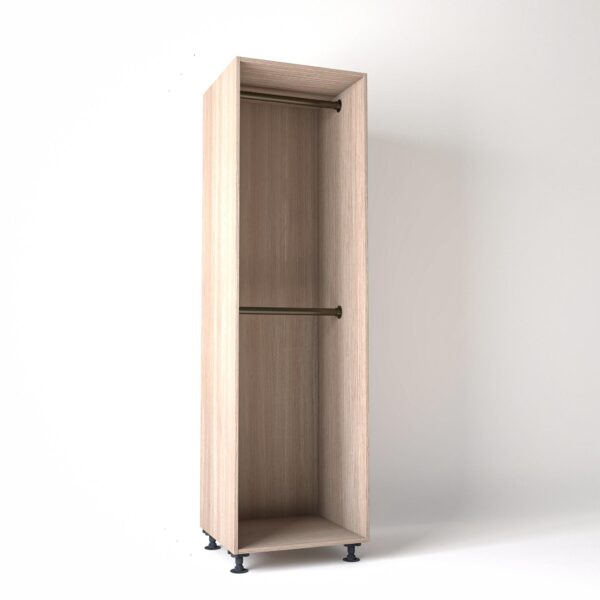 65cm wide Freestanding Light Oak wardrobe unit on adjustable feet with no doors and 2 bronze hanging rails, in a white studio backdrop