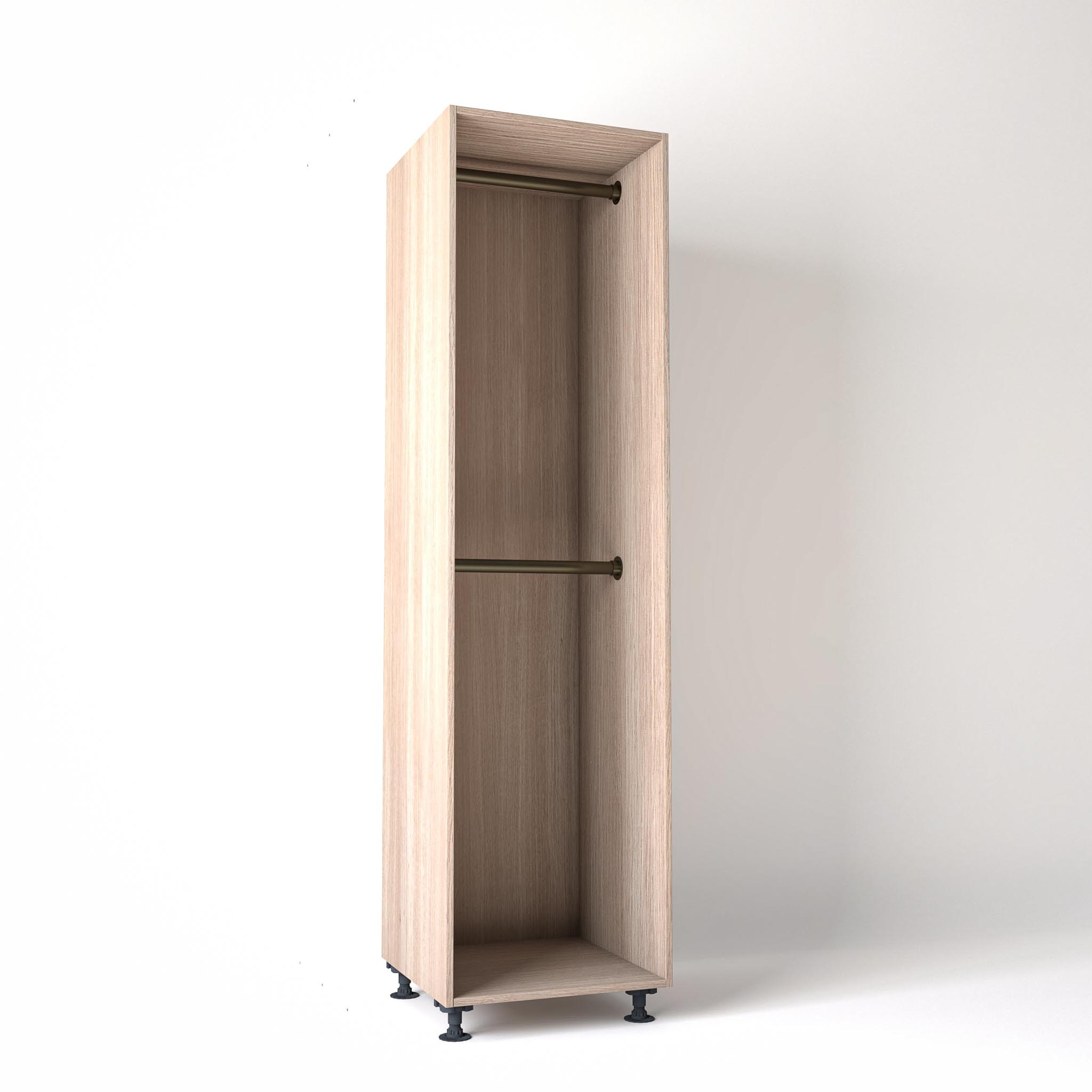 60cm wide Freestanding Light Oak wardrobe unit on adjustable feet with no doors and 2 bronze hanging rails, in a white studio backdrop