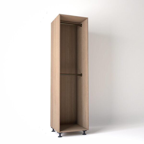 60cm wide Freestanding Mid Oak wardrobe unit on adjustable feet with no doors and 2 bronze hanging rails, in a white studio backdrop