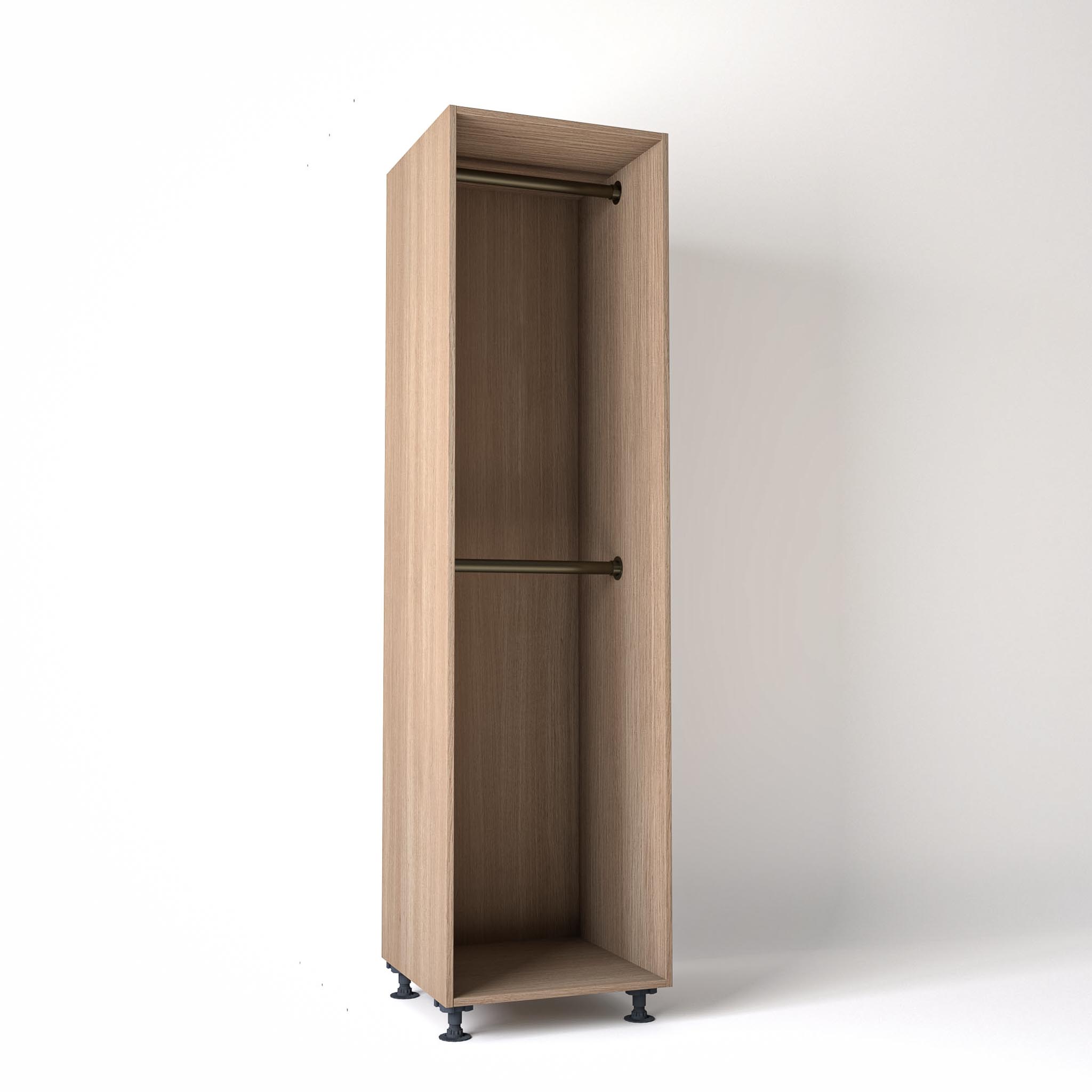 60cm wide Freestanding Mid Oak wardrobe unit on adjustable feet with no doors and 2 bronze hanging rails, in a white studio backdrop