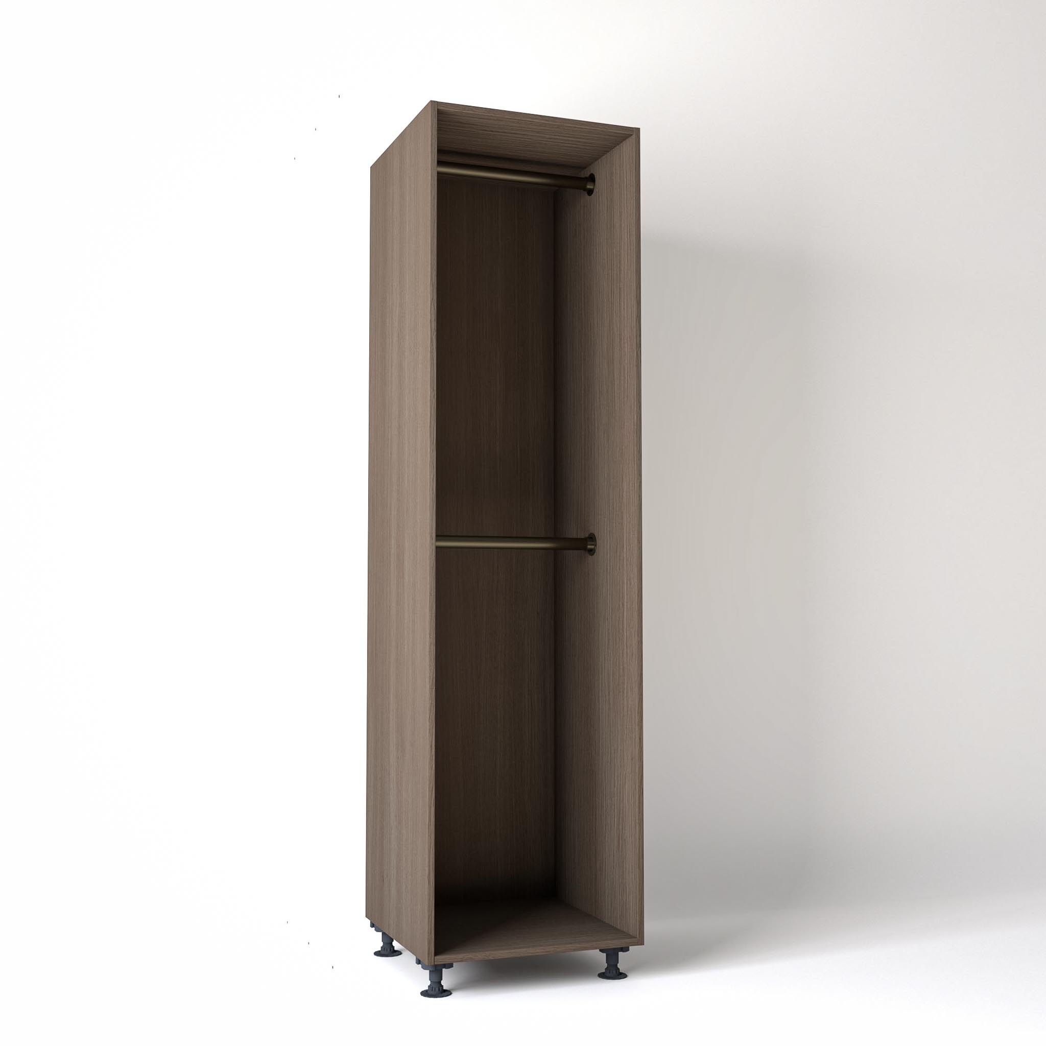 60cm wide Freestanding Grey Oak wardrobe unit on adjustable feet with no doors and 2 bronze hanging rails, in a white studio backdrop