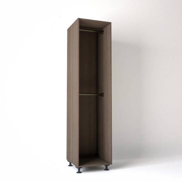 55cm wide Freestanding Grey Oak wardrobe unit on adjustable feet with no doors and 2 bronze hanging rails, in a white studio backdrop