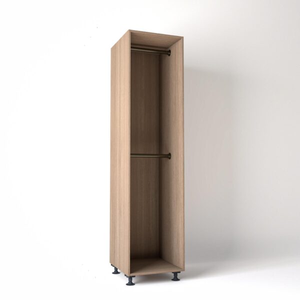55cm wide Freestanding Mid Oak wardrobe unit on adjustable feet with no doors and 2 bronze hanging rails, in a white studio backdrop
