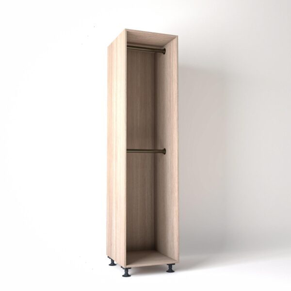 55cm wide Freestanding Light Oak wardrobe unit on adjustable feet with no doors and 2 bronze hanging rails, in a white studio backdrop