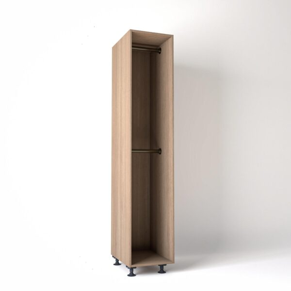 45cm wide Freestanding Mid Oak wardrobe unit on adjustable feet with no doors and 2 bronze hanging rails, in a white studio backdrop