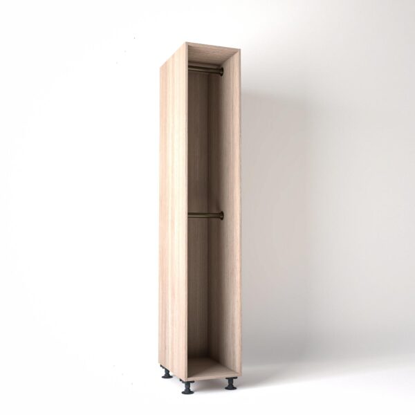 40cm wide Freestanding Light Oak wardrobe unit on adjustable feet with no doors and 2 bronze hanging rails, in a white studio backdrop