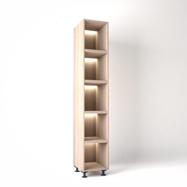 40cm width Open wardrobe Shelving unit in Light Oak finish, Rebated with glowing LED's to each shelf in a white studio setting