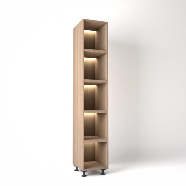 40cm width Open wardrobe Shelving unit in Mid Oak finish, Rebated with glowing LED's to each shelf in a white studio setting
