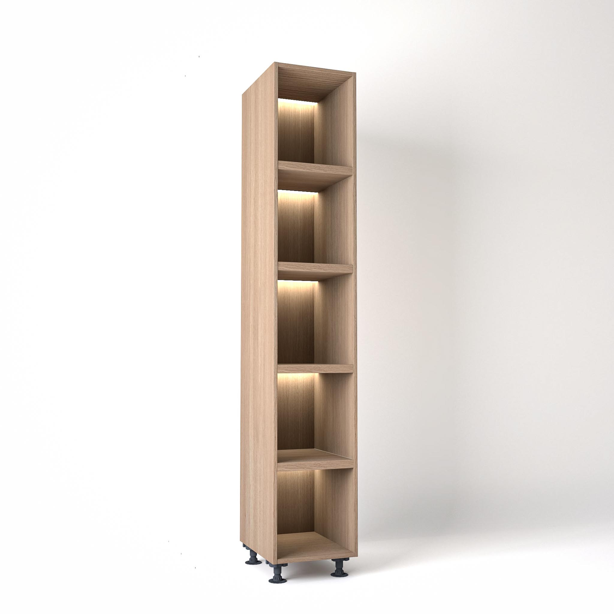 40cm width Open wardrobe Shelving unit in Mid Oak finish, Rebated with glowing LED's to each shelf in a white studio setting