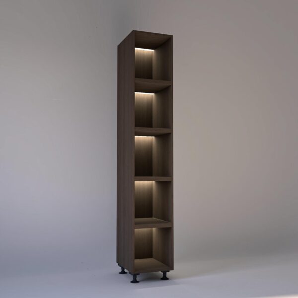 40cm width Open wardrobe Shelving unit in Grey Oak finish, Rebated with glowing LED's to each shelf in a Low lit white studio setting