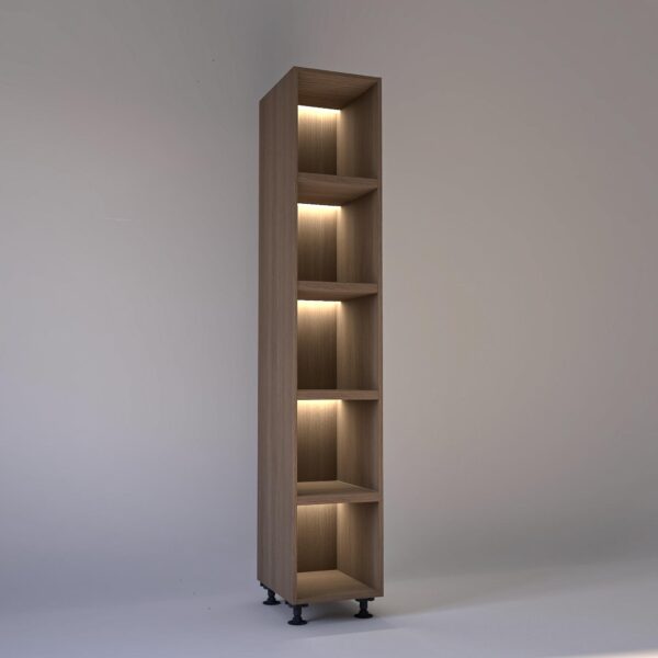 40cm width Open wardrobe Shelving unit in Mid Oak finish, Rebated with glowing LED's to each shelf in a Low lit white studio setting