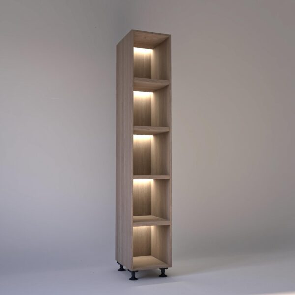 40cm width Open wardrobe Shelving unit in Light Oak finish, Rebated with glowing LED's to each shelf in a Low lit white studio setting