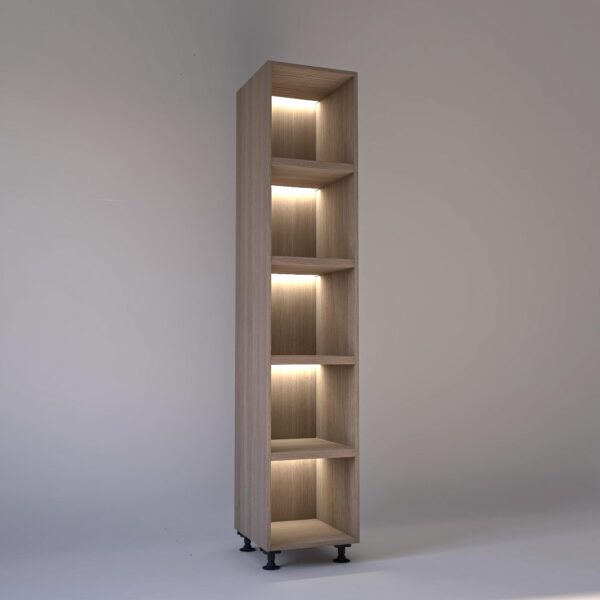 45cm width Open wardrobe Shelving unit in Light Oak finish, Rebated with glowing LED's to each shelf in a Low lit white studio setting