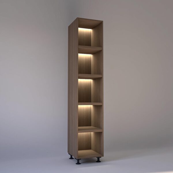 45cm width Open wardrobe Shelving unit in Mid Oak finish, Rebated with glowing LED's to each shelf in a Low lit white studio setting