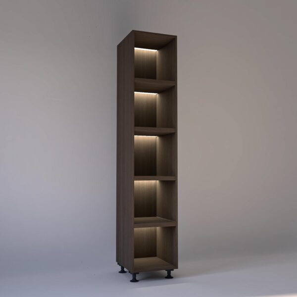 45cm width Open wardrobe Shelving unit in Grey Oak finish, Rebated with glowing LED's to each shelf in a Low lit white studio setting