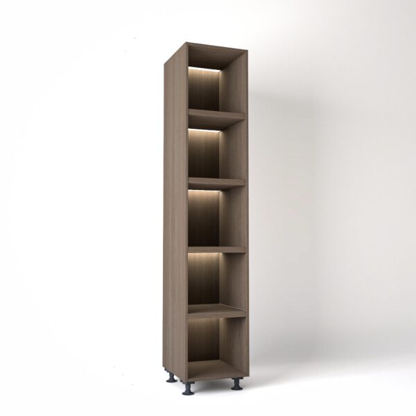 45cm width Open wardrobe Shelving unit in Grey Oak finish, Rebated with glowing LED's to each shelf in a white studio setting
