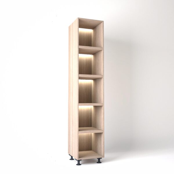 45cm width Open wardrobe Shelving unit in Light Oak finish, Rebated with glowing LED's to each shelf in a white studio setting