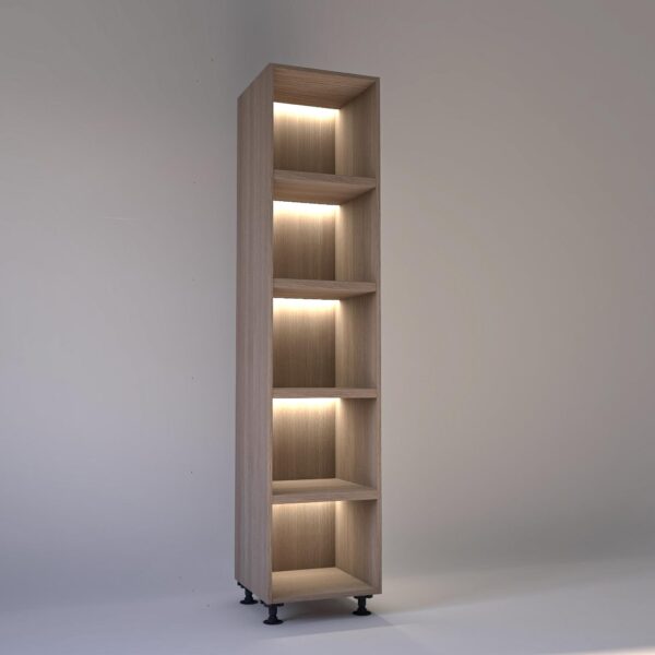 50cm width Open wardrobe Shelving unit in Light Oak finish, Rebated with glowing LED's to each shelf in a Low lit white studio setting