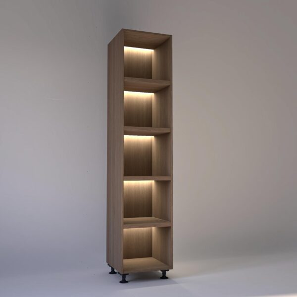 50cm width Open wardrobe Shelving unit in Mid Oak finish, Rebated with glowing LED's to each shelf in a Low lit white studio setting