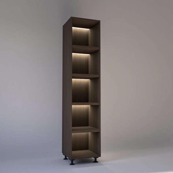 50cm width Open wardrobe Shelving unit in Grey Oak finish, Rebated with glowing LED's to each shelf in a Low lit white studio setting